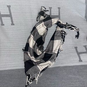 Like New Double face black ivory and burgundy plaid square rayon scarf.